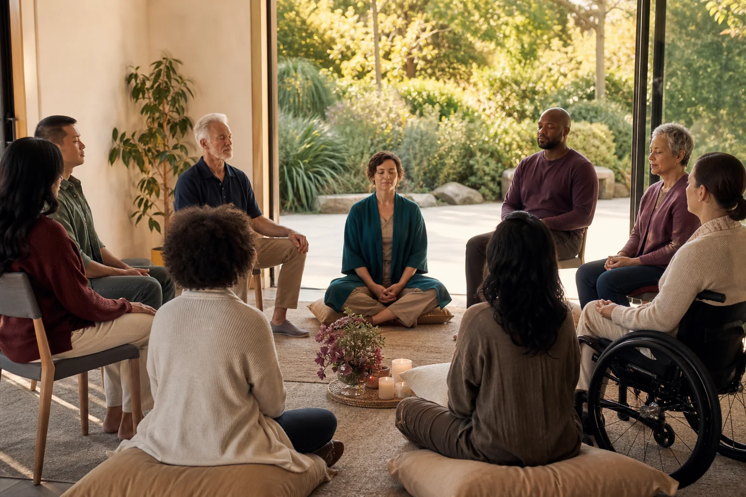 A diverse and accessible community circle sharing a quiet guided reflection