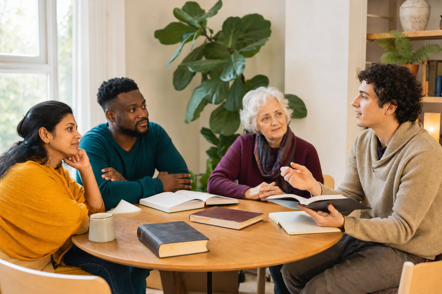 A diverse group studying and discussing wisdom together around a table